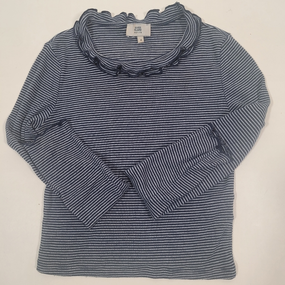 River Island Petite navy and white striped top w/ ruffled neck US 00P UK…